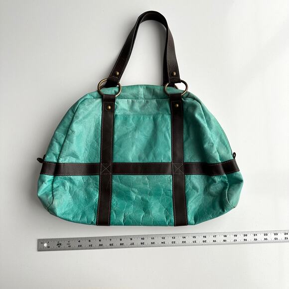 Latico Top Handle Aqua Leather Brown Accent Bowling Bag Style Medium Bag - Picture 4 of 10